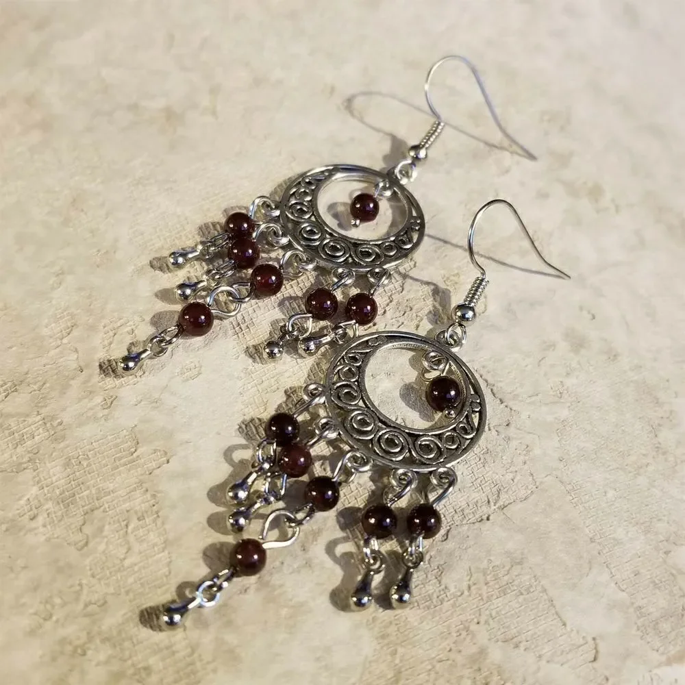Handcrafted Natural Red Garnet Gemstone Antique Silver Chandelier Earrings